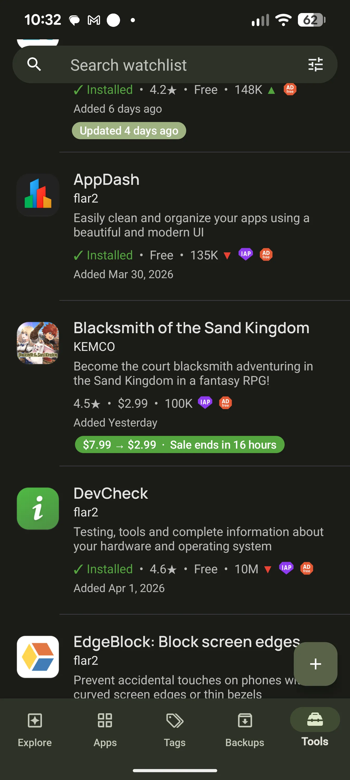 AppDash watchlist showing tracked apps with sale and update indicators